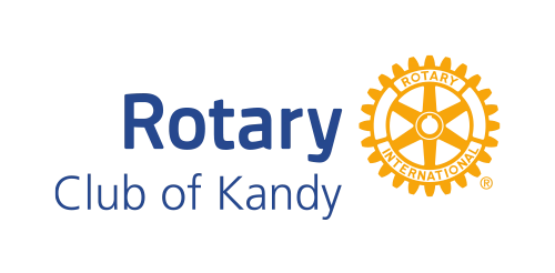 A blue and gold wheel with six spokes and the words “Rotary Club of Kandy"